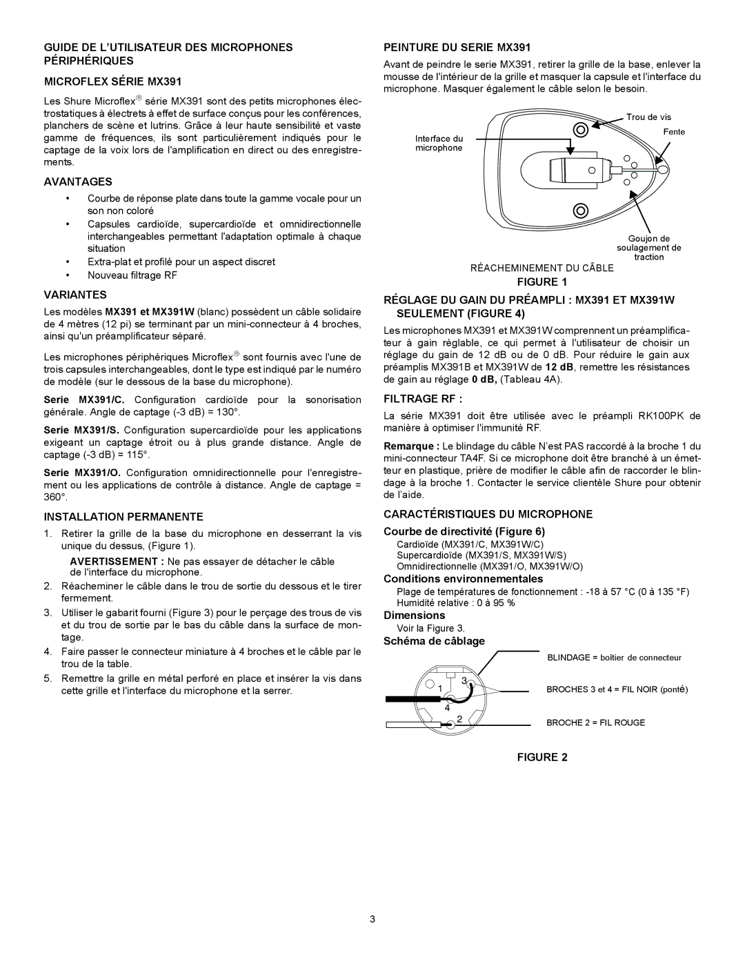 Shure manual Peinture DU Serie MX391, Avantages, Variantes, Installation Permanente, Filtrage RF 