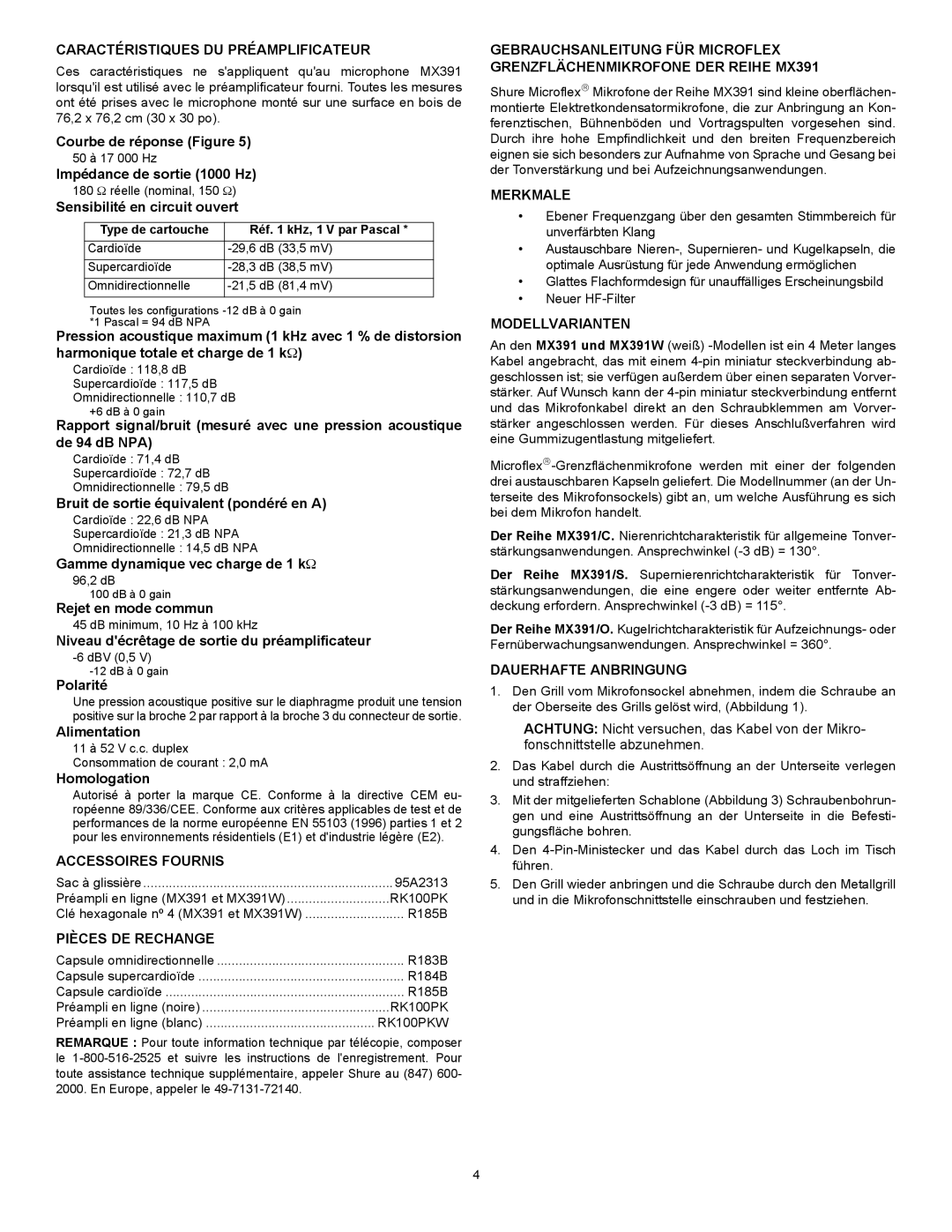 Shure MX391 manual Caractéristiques DU Préamplificateur, Accessoires Fournis, Pièces DE Rechange, Merkmale, Modellvarianten 