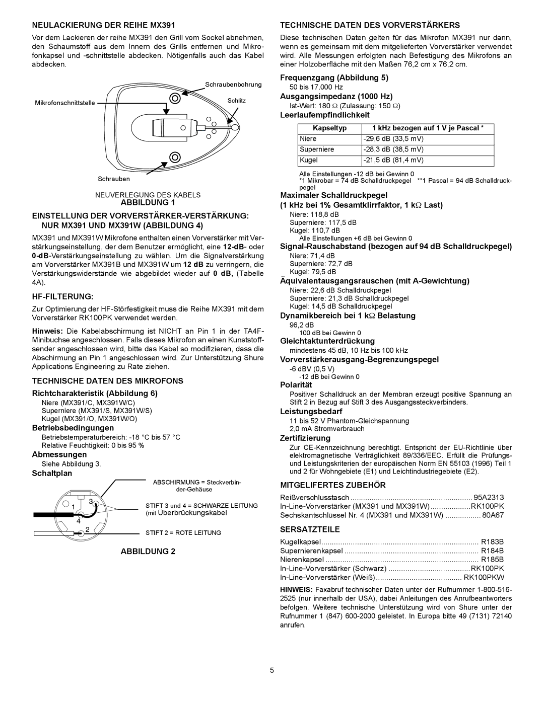 Shure Neulackierung DER Reihe MX391, Hf-Filterung, Technische Daten DES Mikrofons, Mitgelifertes Zubehör, Sersatzteile 