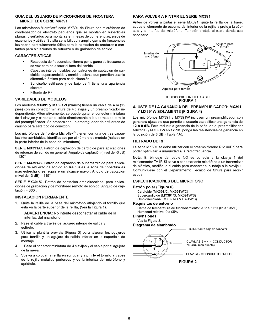 Shure manual Caracteristicas, Variedades DE Modelos, Instalacion Permanente, Para Volver a Pintar EL Serie MX391 