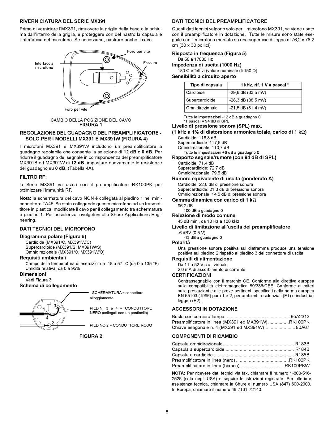 Shure manual Riverniciatura DEL Serie MX391, Dati Tecnici DEL Preamplificatore, Filtro RF, Dati Tecnici DEL Microfono 