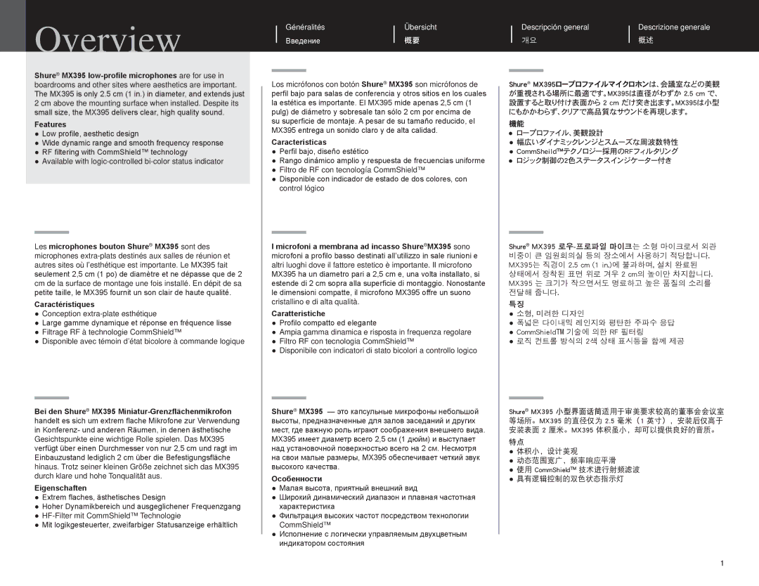 Shure MX395 manual Overview, ロープロファイル、美観設計 