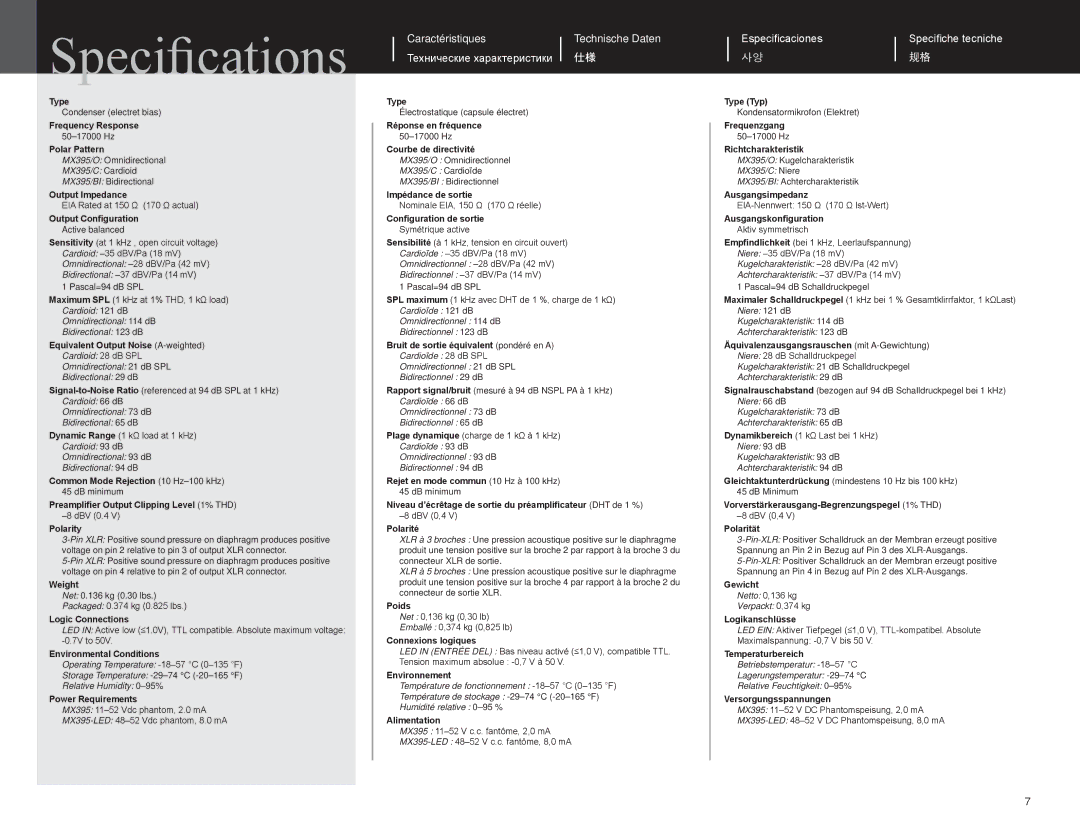 Shure MX395 manual Specifications, Caractéristiques Технические характеристики 