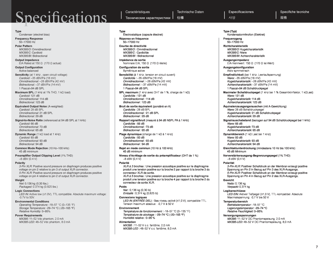 Shure MX395 manual Specifications, Caractéristiques Технические характеристики, Technische Daten, Especificaciones 