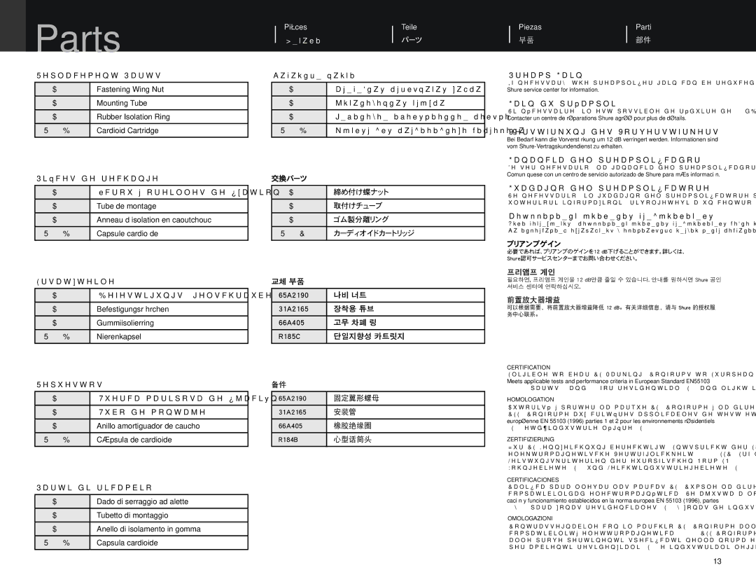 Shure MX396 manual Parts, 締め付け蝶ナット, 取付けチューブ, ゴム製分離リング, カーディオイドカートリッジ 