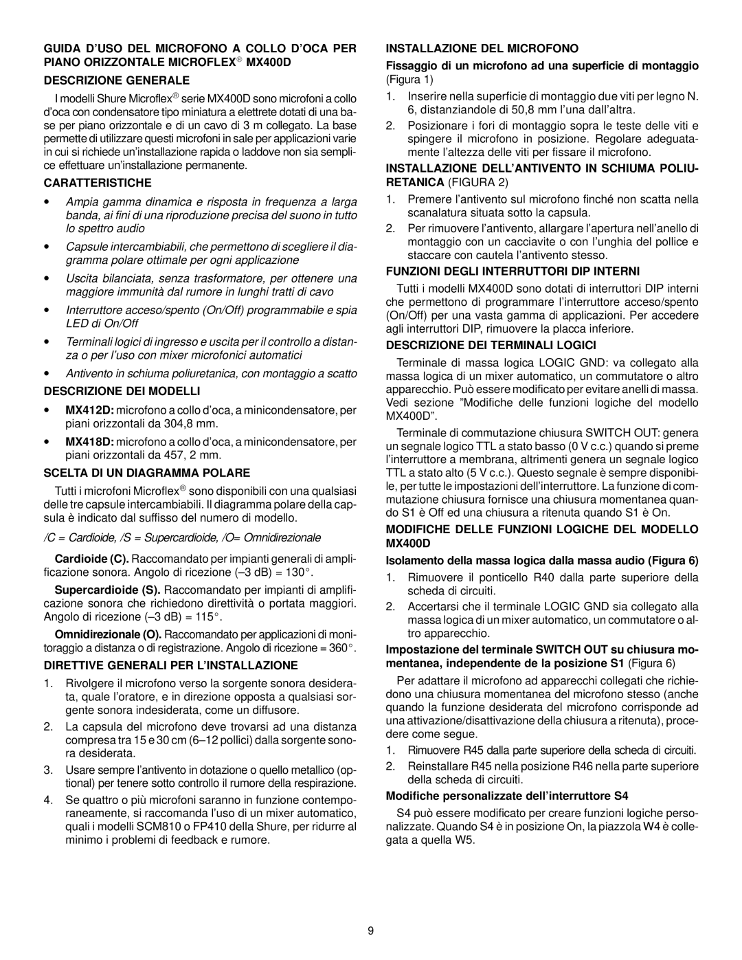 Shure MX400D manual Caratteristiche, Descrizione DEI Modelli, Scelta DI UN Diagramma Polare, Installazione DEL Microfono 