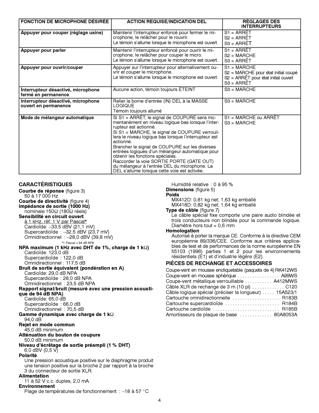 Shure MX400D manual Caractéristiques, Pièces DE Rechange ET Accessoires 