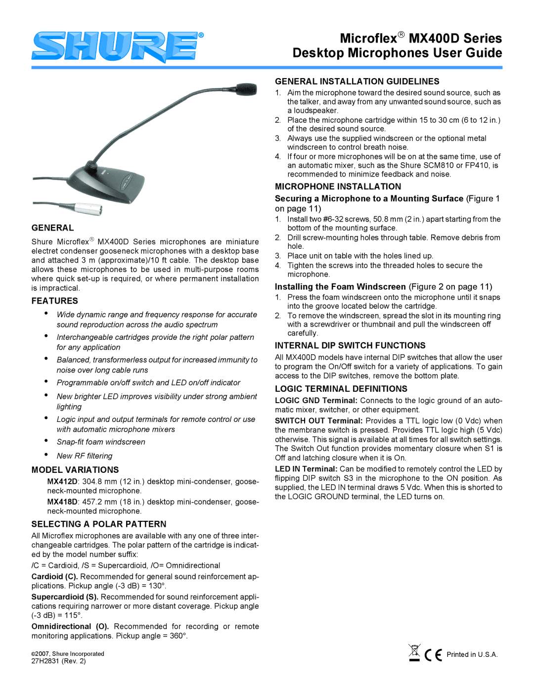 Shure MX400D manual Features, Model Variations, Selecting a Polar Pattern, General Installation Guidelines 