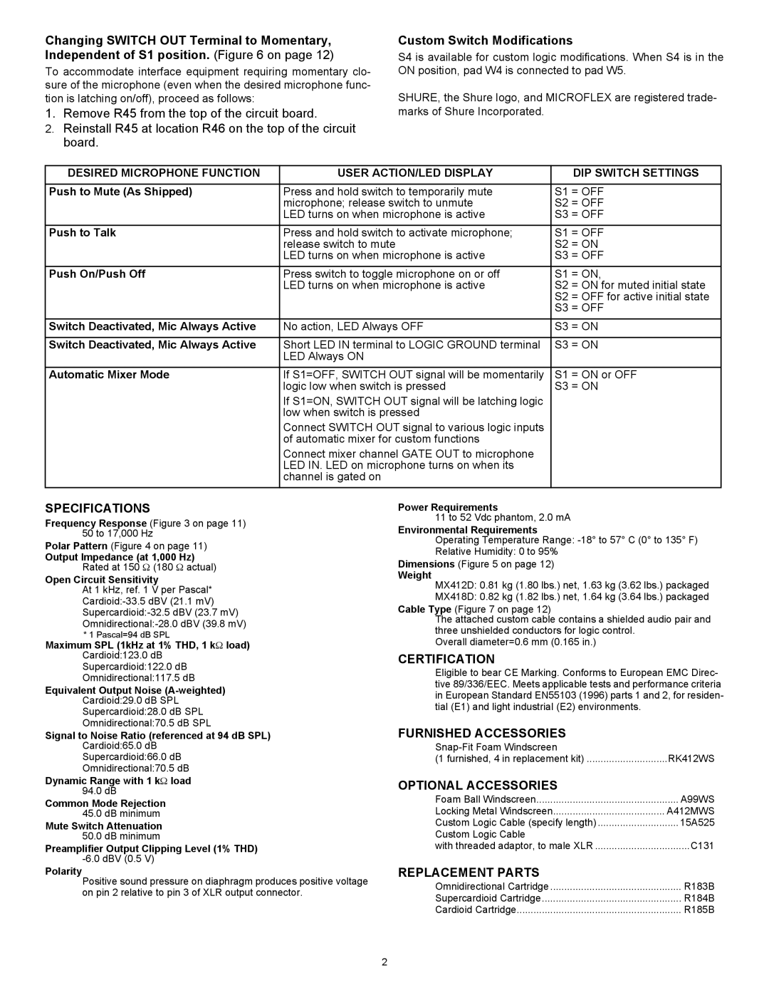 Shure MX400D manual Specifications, Certification, Furnished Accessories, Optional Accessories, Replacement Parts 