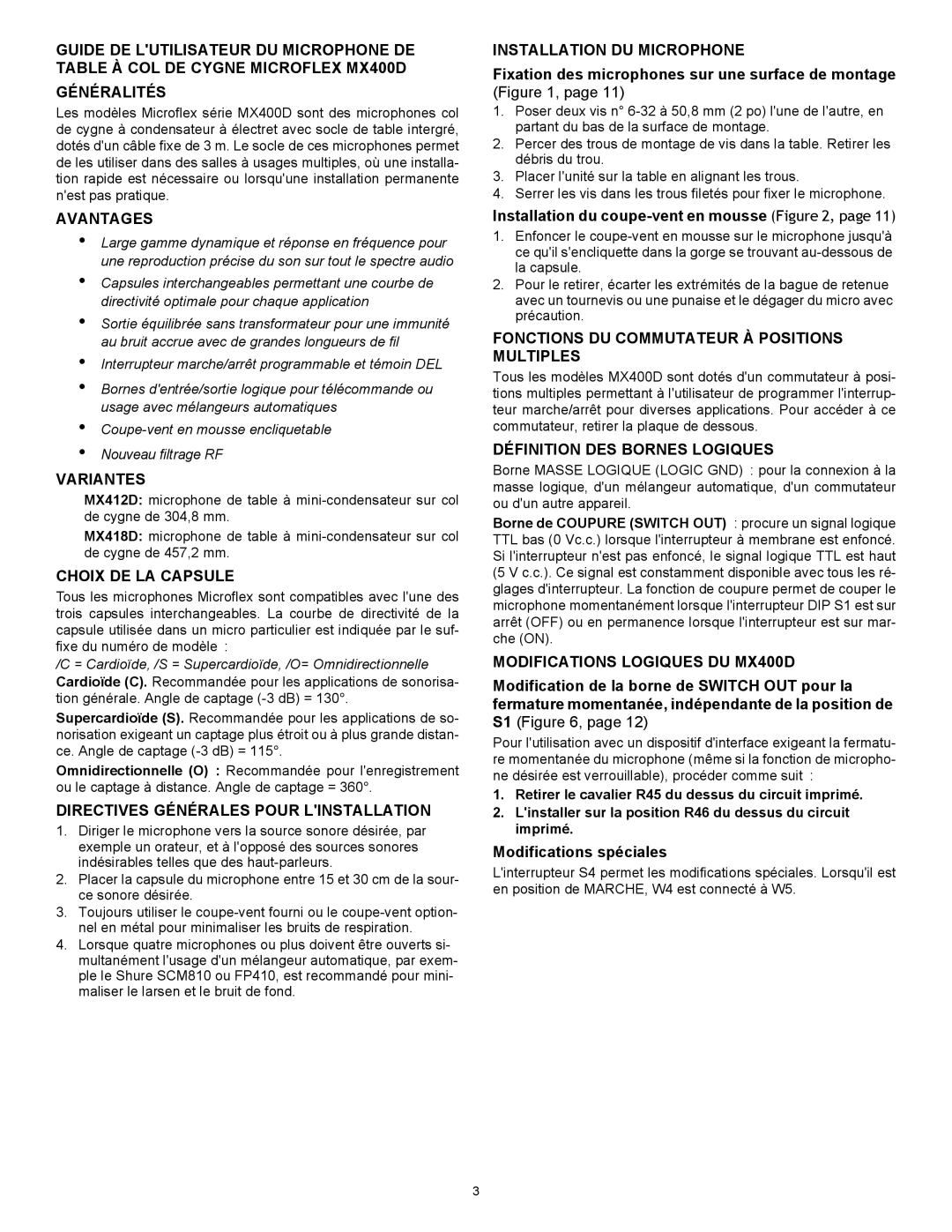 Shure MX400D manual Avantages, Variantes, Choix DE LA Capsule, Directives Générales Pour Linstallation 