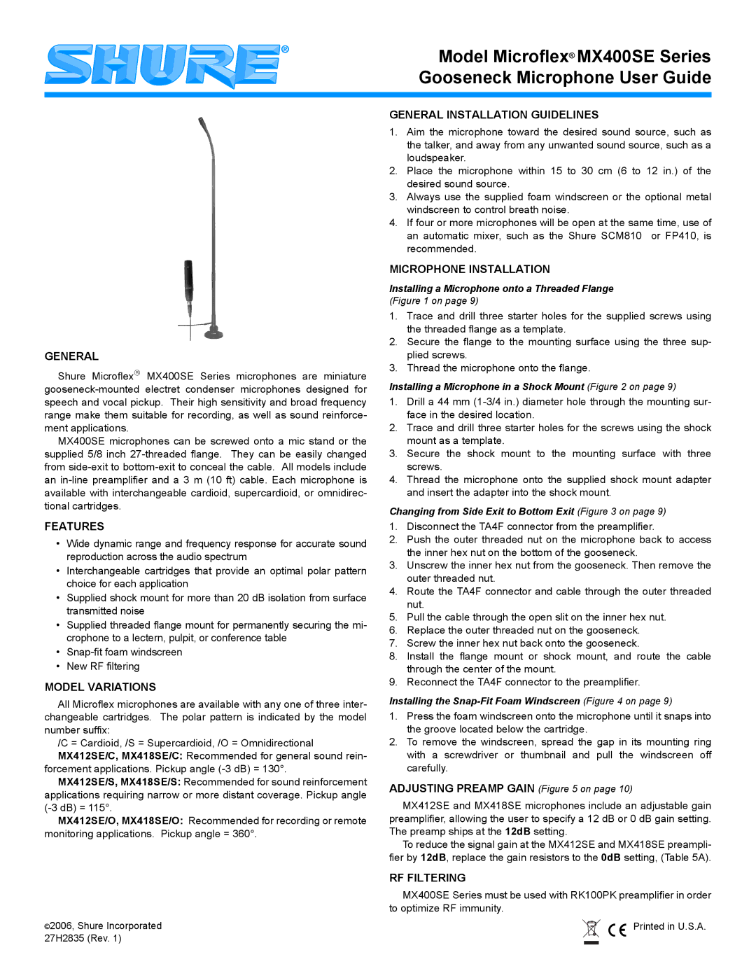 Shure MX400SE manual Features, Model Variations, General Installation Guidelines, Microphone Installation 