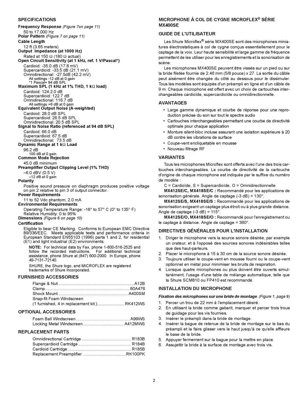 Shure MX400SE manual Specifications, Furnished Accessories, Optional Accessories, Replacement Parts, Avantages, Variantes 