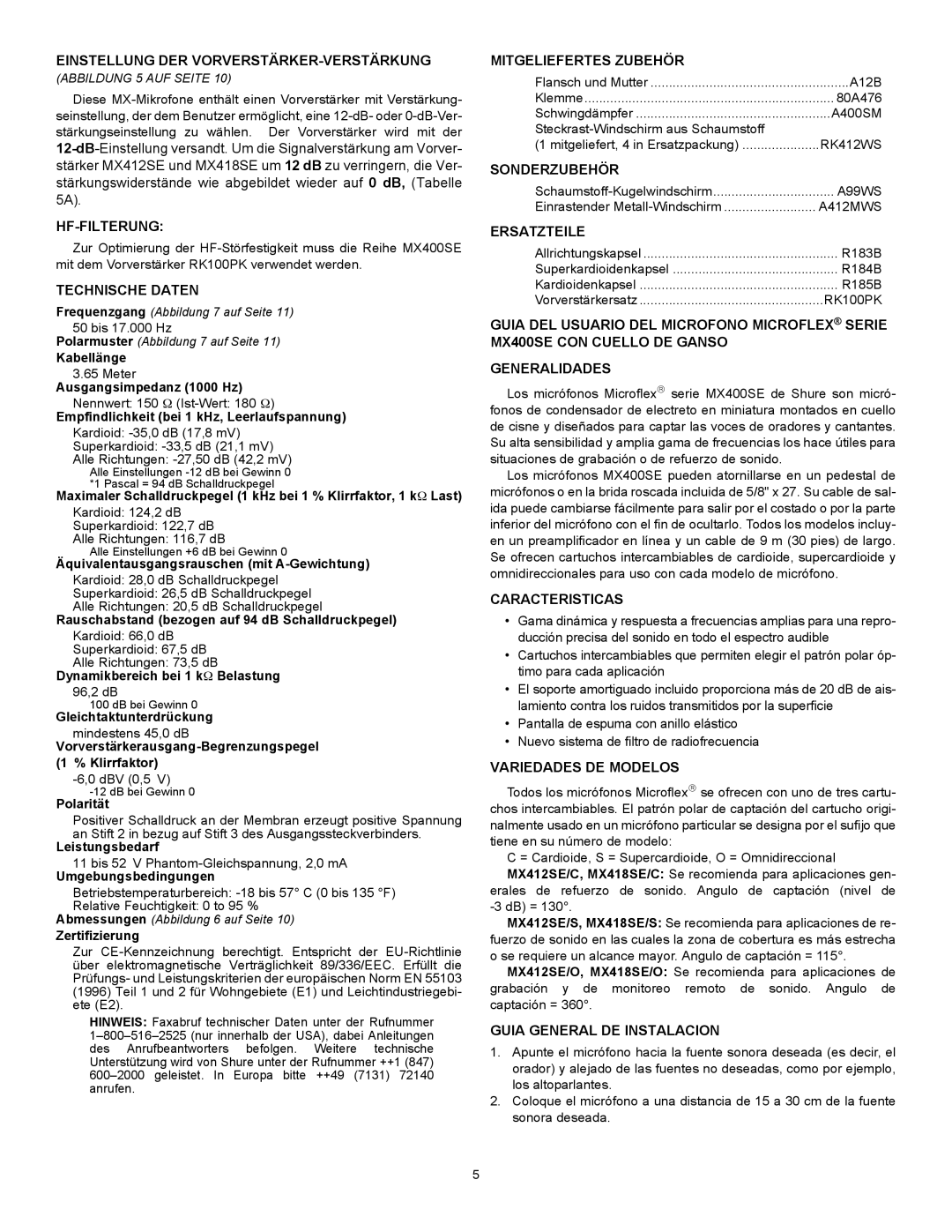 Shure MX400SE manual Einstellung DER VORVERSTÄRKER-VERSTÄRKUNG, Hf-Filterung, Technische Daten, Mitgeliefertes Zubehör 