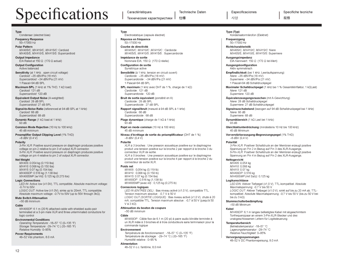 Shure MX400SMP, MX400DP manual Specifications, Caractéristiques, Технические характеристики, Especificaciones 