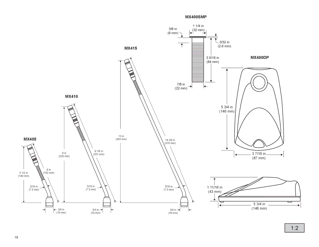 Shure MX400SMP, MX400DP manual 32 mm, 84 mm 22 mm, 11/16, 43 mm 