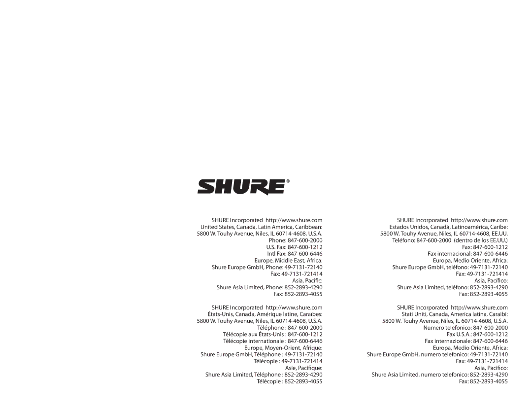 Shure MX400SMP, MX400DP United States, Canada, Latin America, Caribbean, 5800 W. Touhy Avenue, Niles, IL 60714-4608, EE.UU 