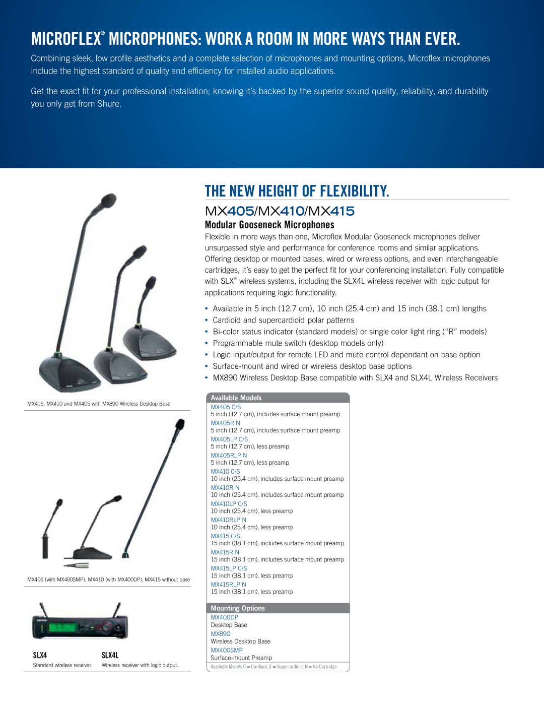 Shure manual Microflex Microphones Work a rooM in More Ways than ever, NeW height of flexiBility, MX405/MX410/MX415 