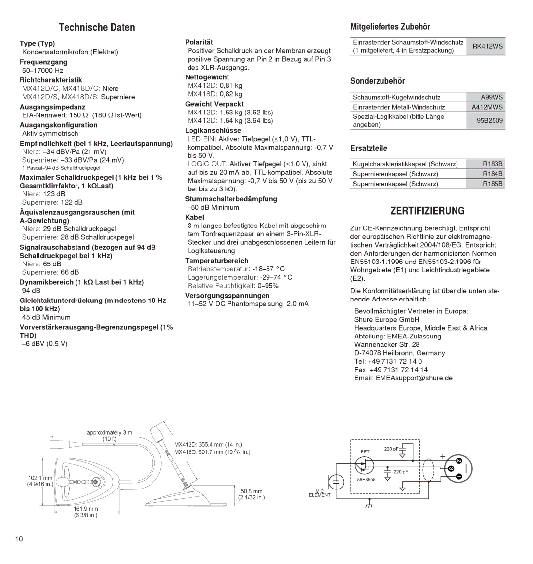 Shure MX4180, MX400D manual Technische Daten, Zertifizierung, Mitgeliefertes Zubehör, Sonderzubehör, Ersatzteile 