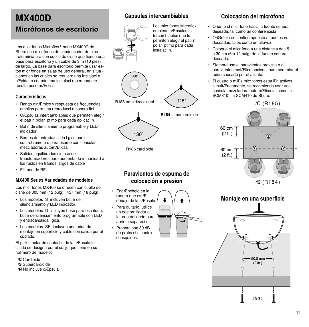 Shure MX400D, MX4180 Micrófonos de escritorio, Cápsulas intercambiables, Paravientos de espuma de Colocación a presión 