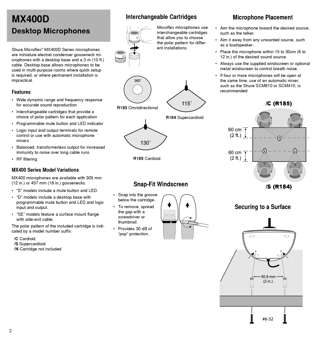 Shure MX4180, MX400D manual Desktop Microphones, Interchangeable Cartridges, Snap-Fit Windscreen, Microphone Placement 