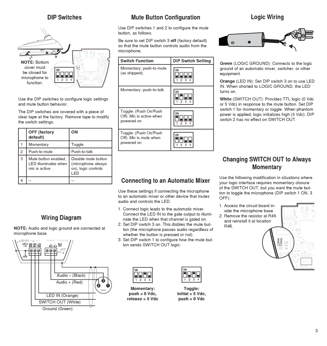 Shure MX400D DIP Switches Mute Button Configuration, Wiring Diagram, Changing Switch OUT to Always Momentary, Logic Wiring 