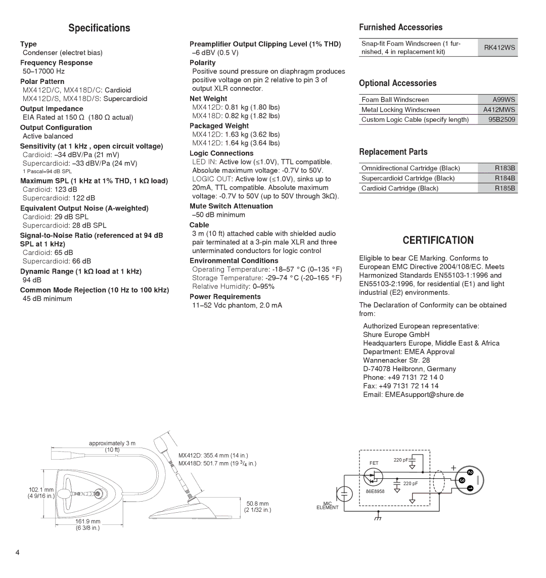 Shure MX4180, MX400D manual Specifications, Certification, Furnished Accessories, Optional Accessories, Replacement Parts 