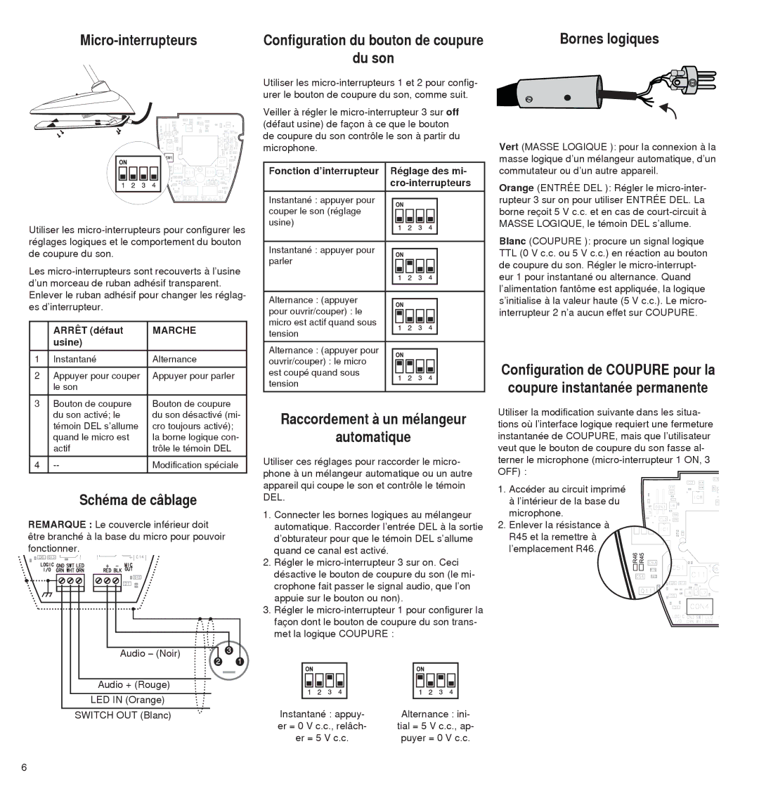 Shure MX4180, MX400D manual Micro-interrupteurs, Schéma de câblage, Du son, Automatique, Bornes logiques 