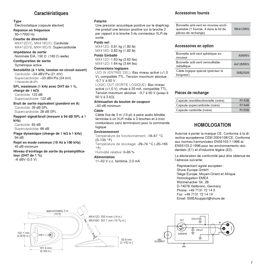 Shure MX400D, MX4180 manual Caractéristiques, Homologation, Accessoires en option, Pièces de rechange 