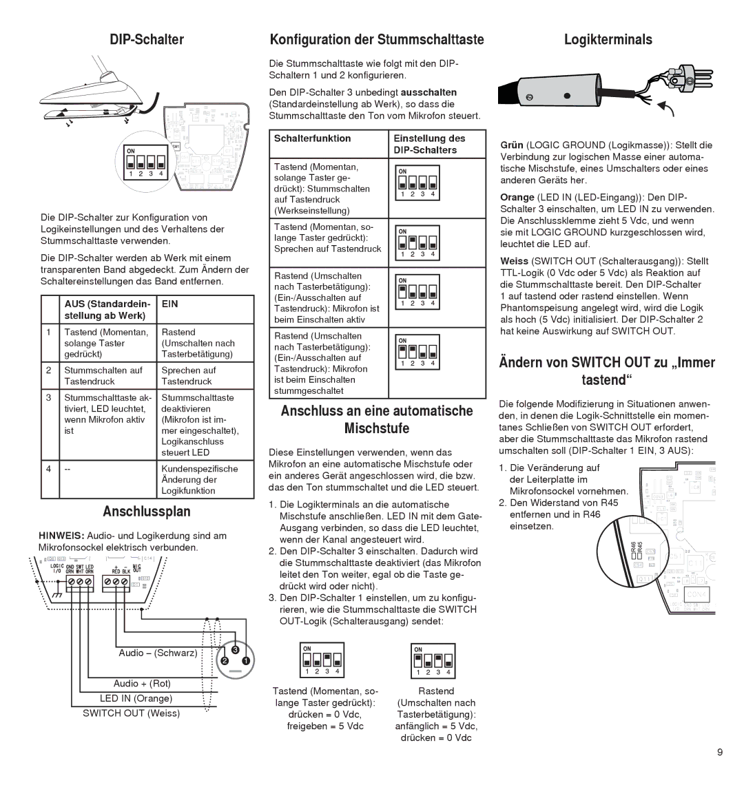 Shure MX400D, MX4180 manual DIP-Schalter, Anschlussplan, Mischstufe, Logikterminals, Tastend 