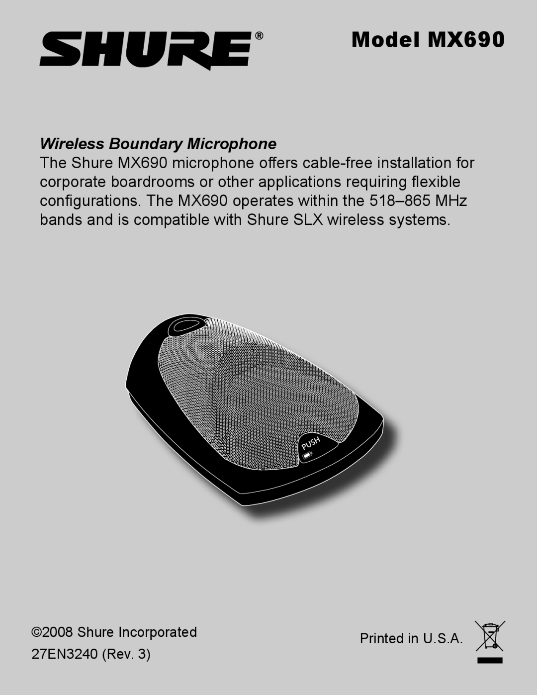 Shure manual Model MX690, Wireless Boundary Microphone 