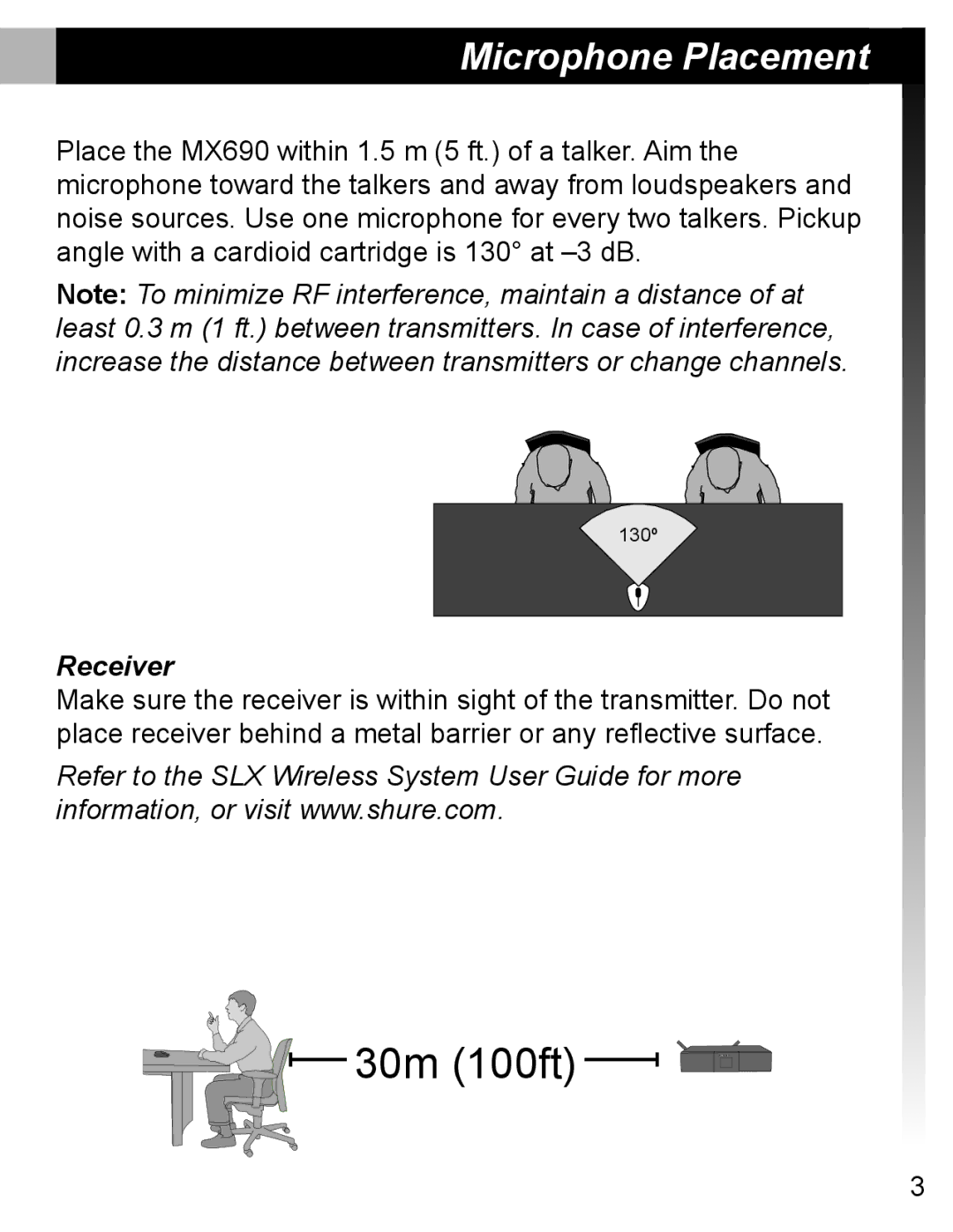 Shure MX690 manual Microphone Placement, Receiver 