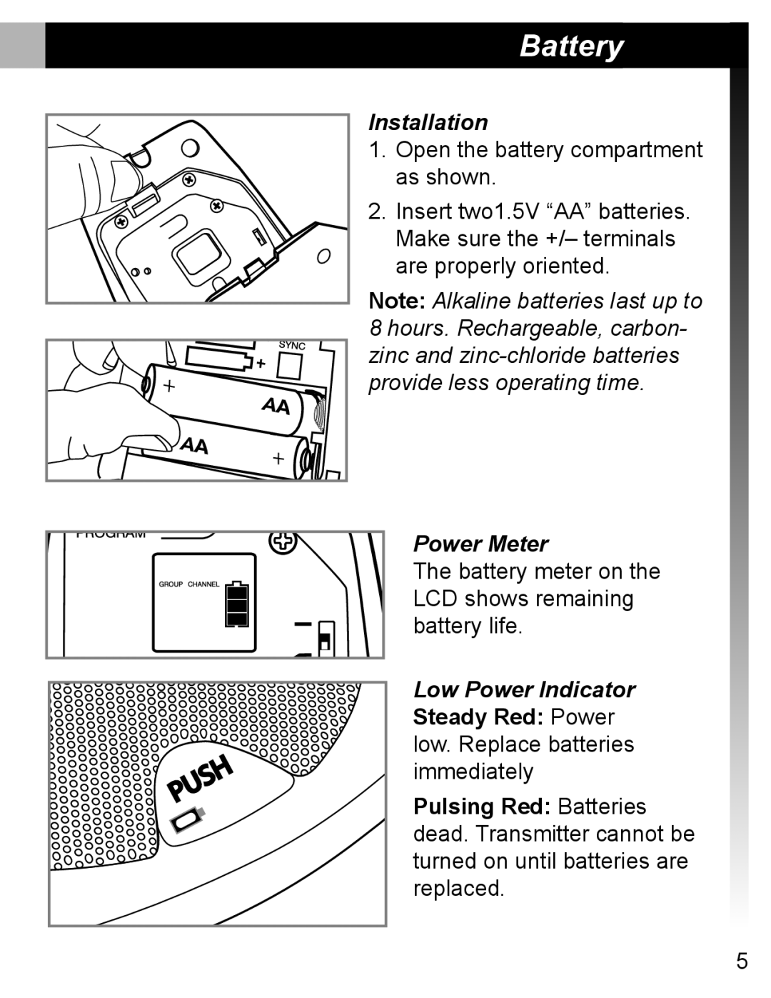 Shure MX690 manual Battery, Installation, Power Meter, Low Power Indicator 