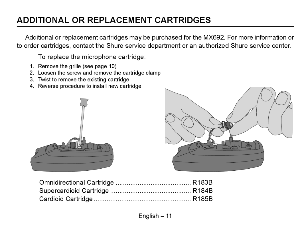 Shure MX692 manual Additional or Replacement Cartridges 