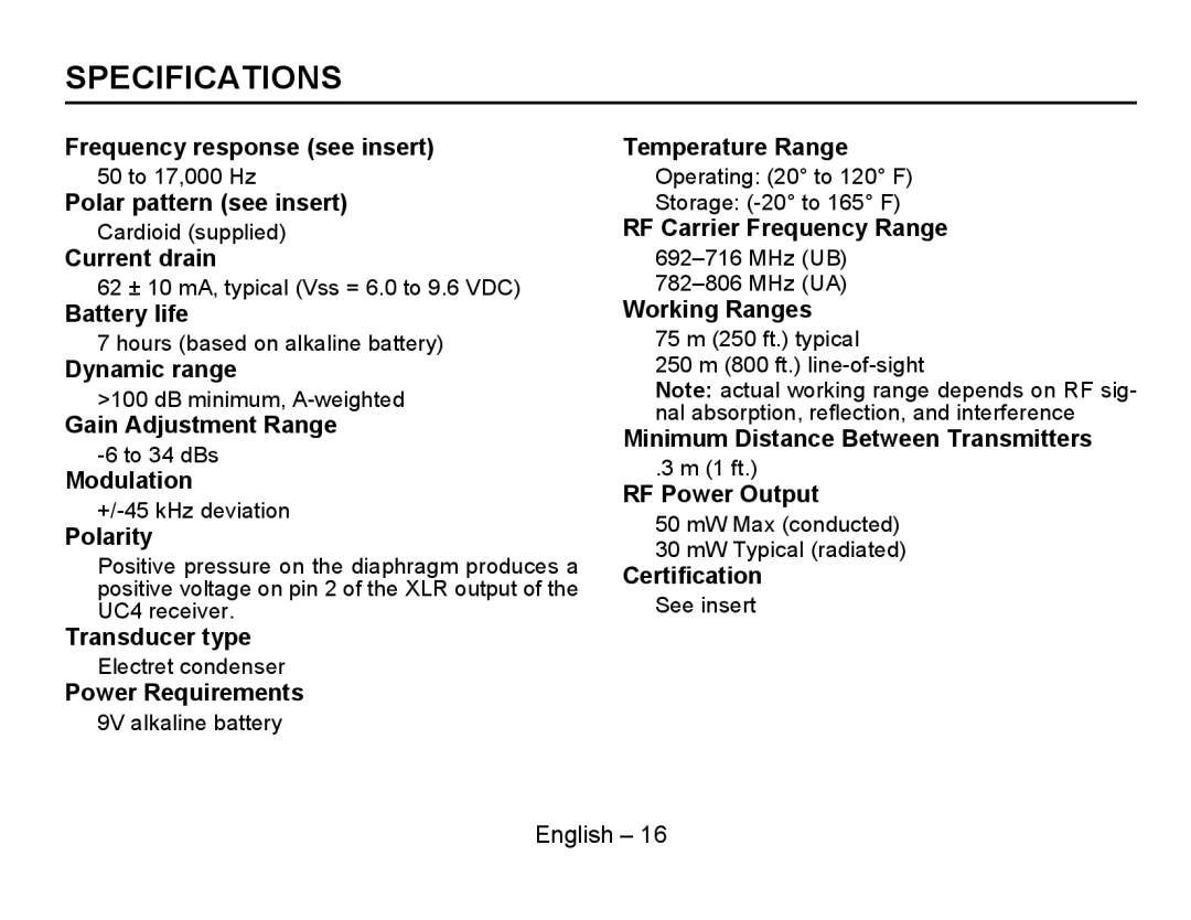 Shure MX692 manual Specifications, Polarity 