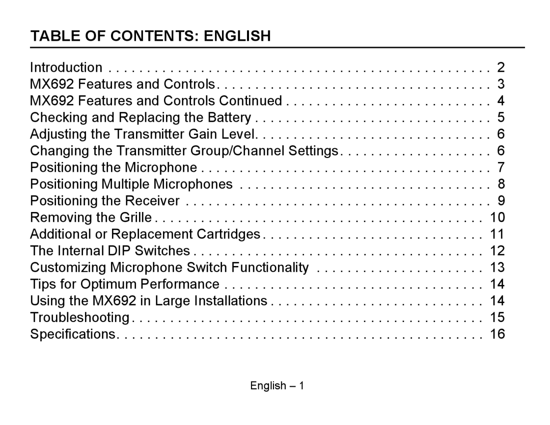 Shure MX692 manual Table of Contents English 