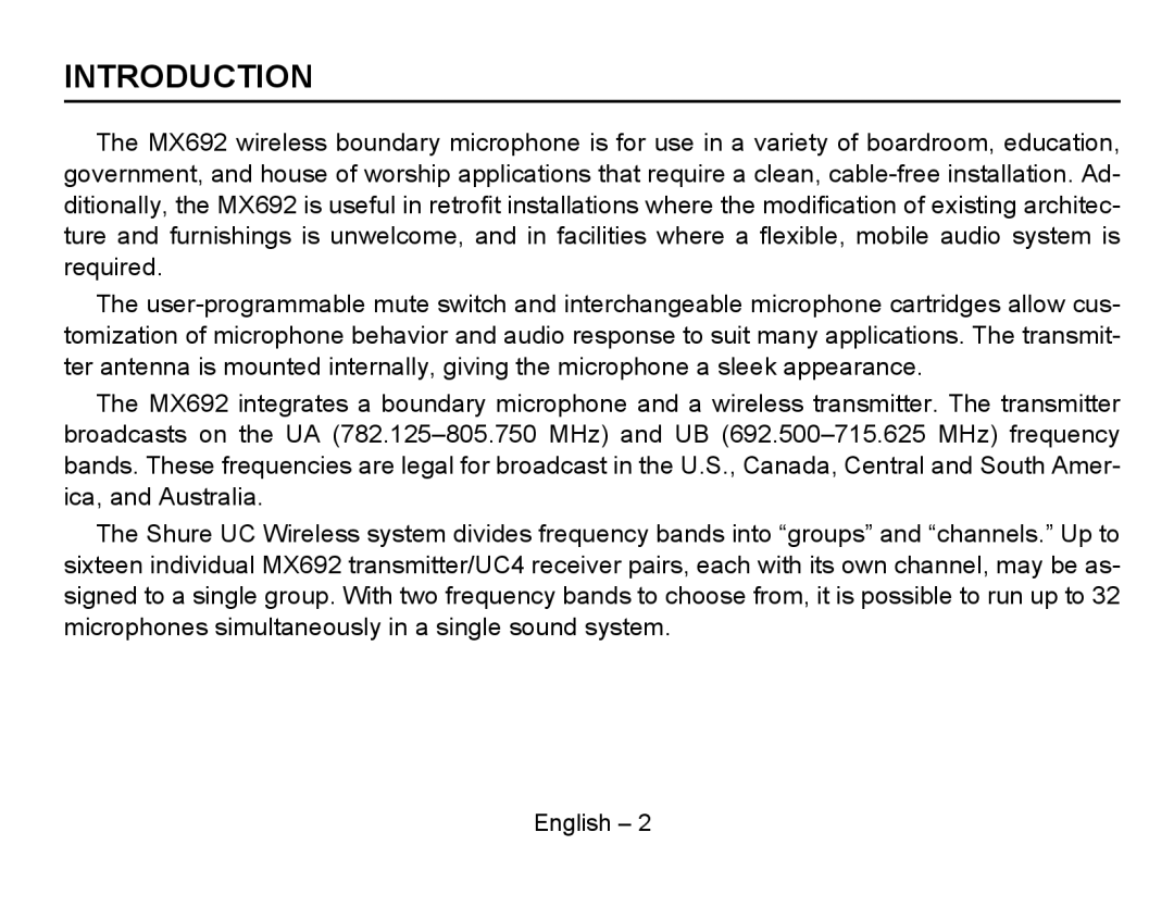 Shure MX692 manual Introduction 