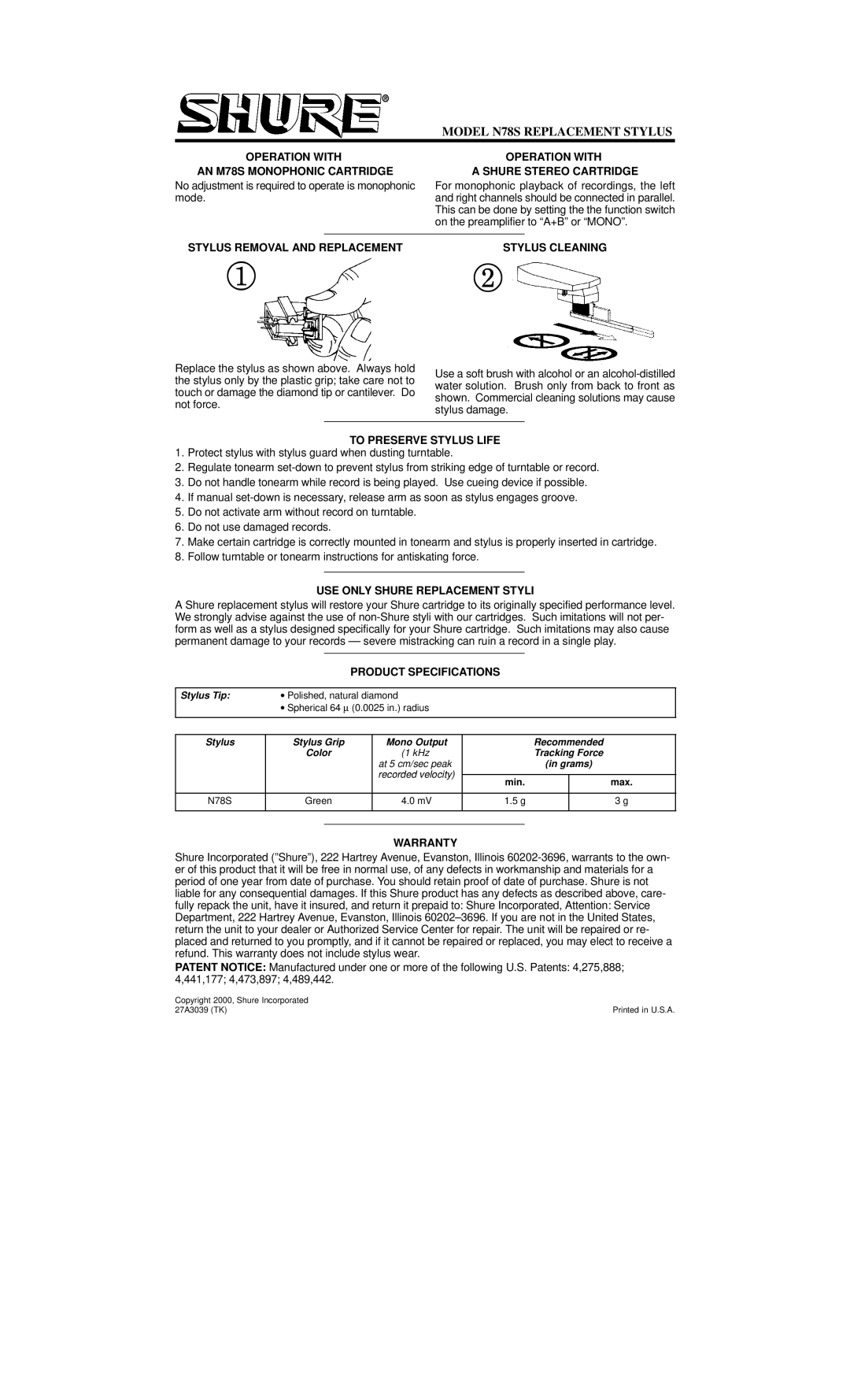 Shure N78s specifications Model N78S Replacement Stylus 