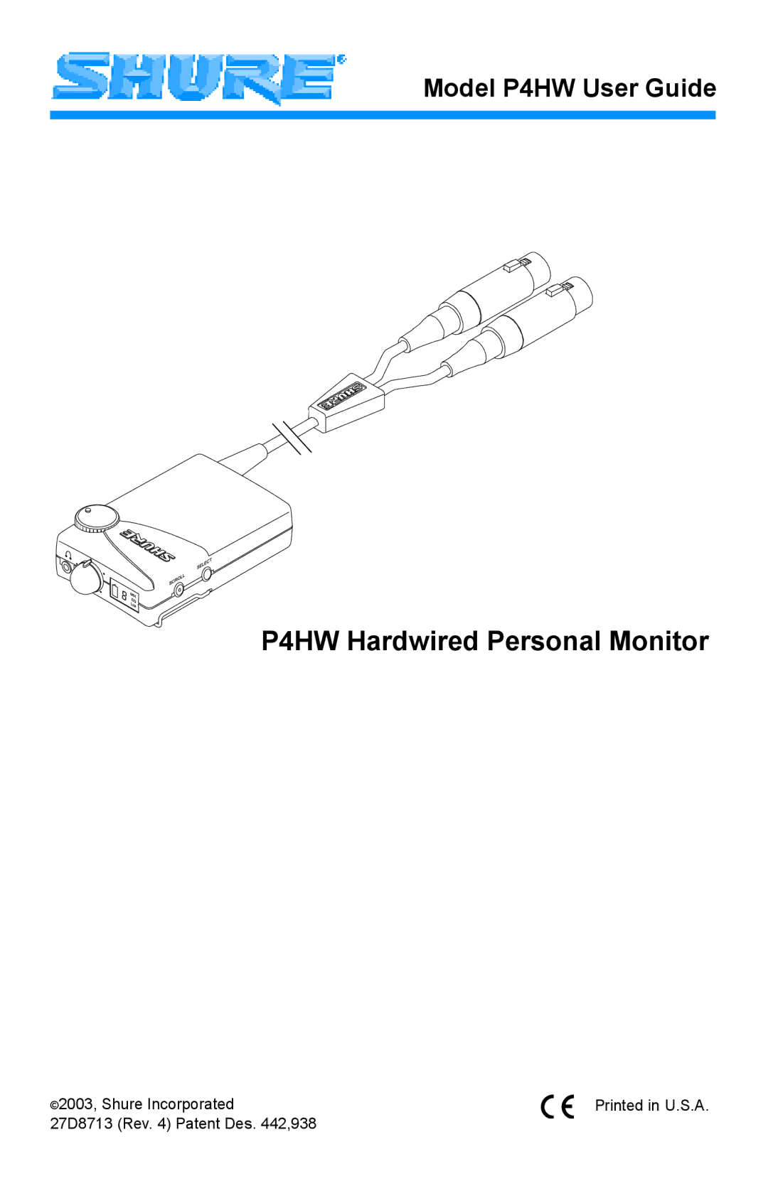 Shure manual P4HW Hardwired Personal Monitor 