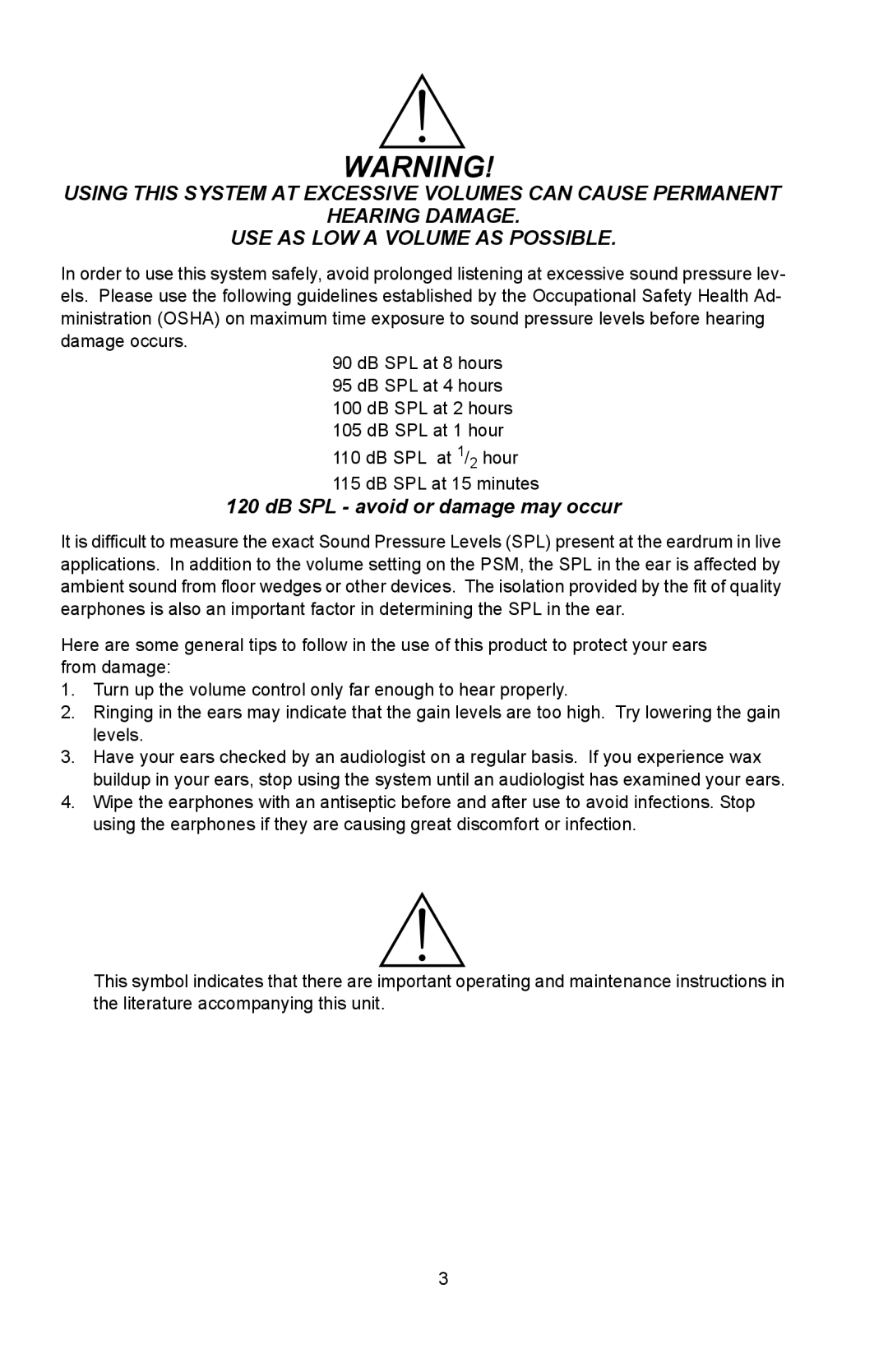 Shure P4HW manual DB SPL avoid or damage may occur 