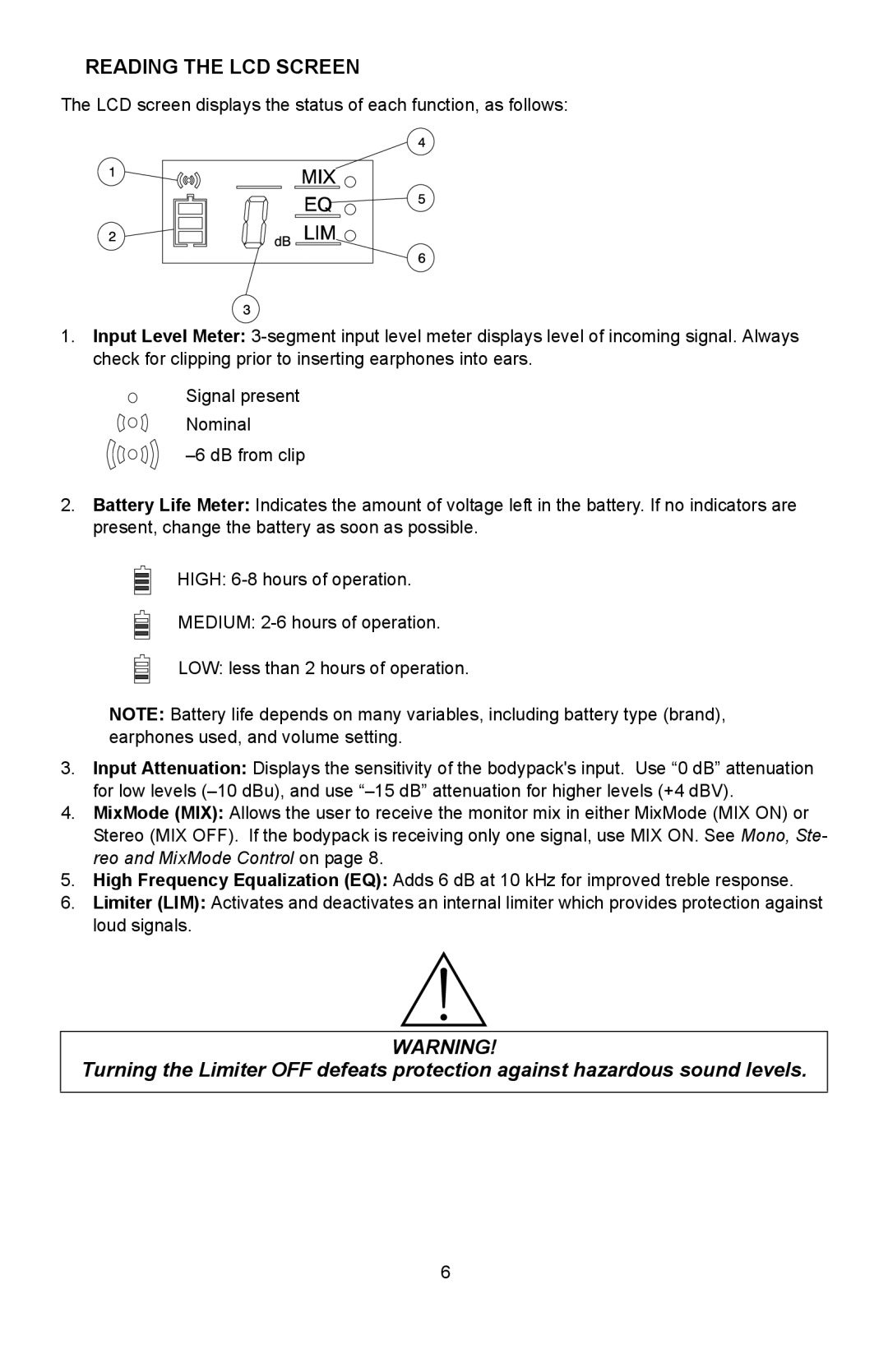 Shure P4HW manual Reading the LCD Screen 