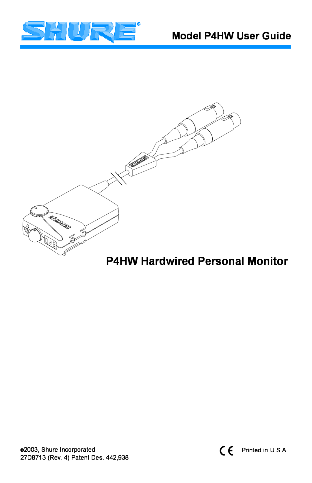 Shure manual P4HW Hardwired Personal Monitor, Model P4HW User Guide 