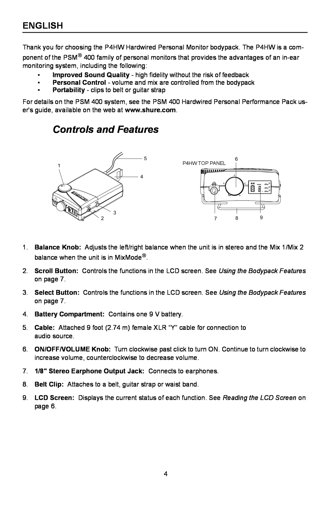 Shure P4HW manual Controls and Features, English 