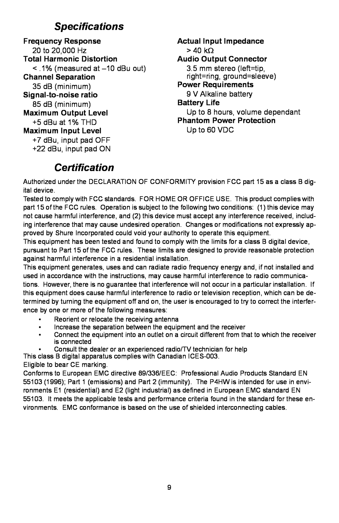 Shure P4HW manual Specifications, Certification 
