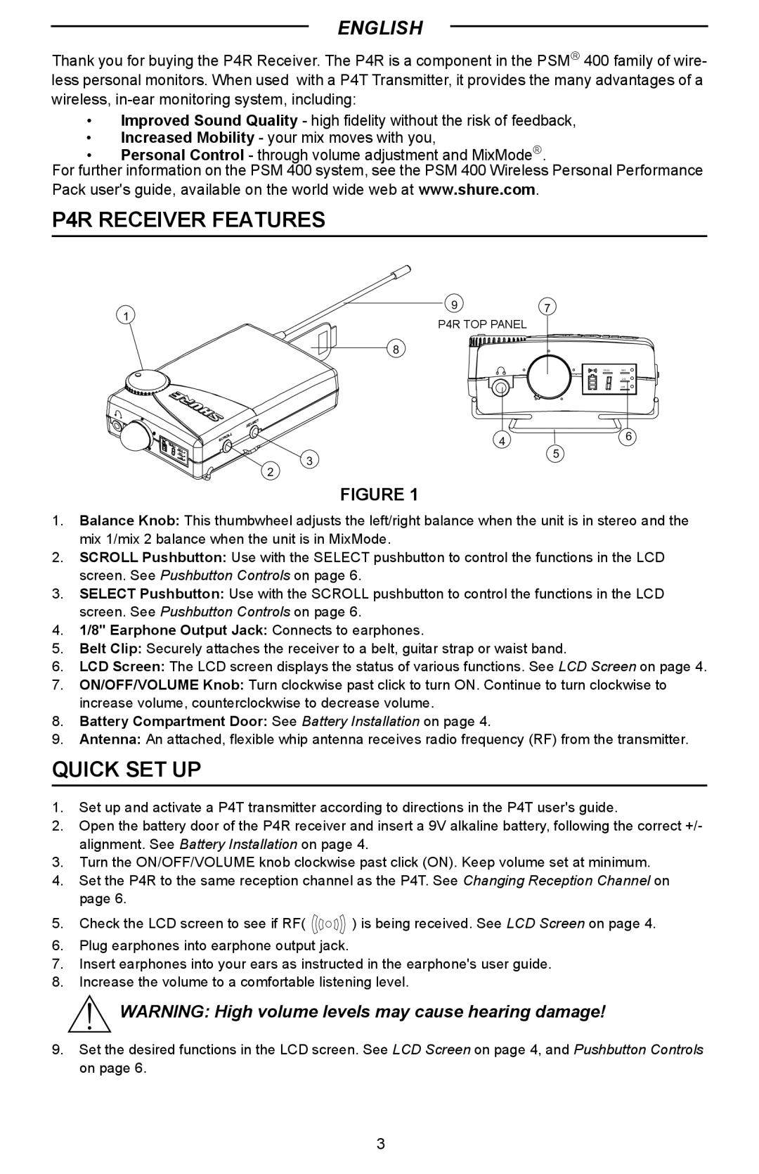 Shure manual P4R Receiver Features, Quick SET UP 