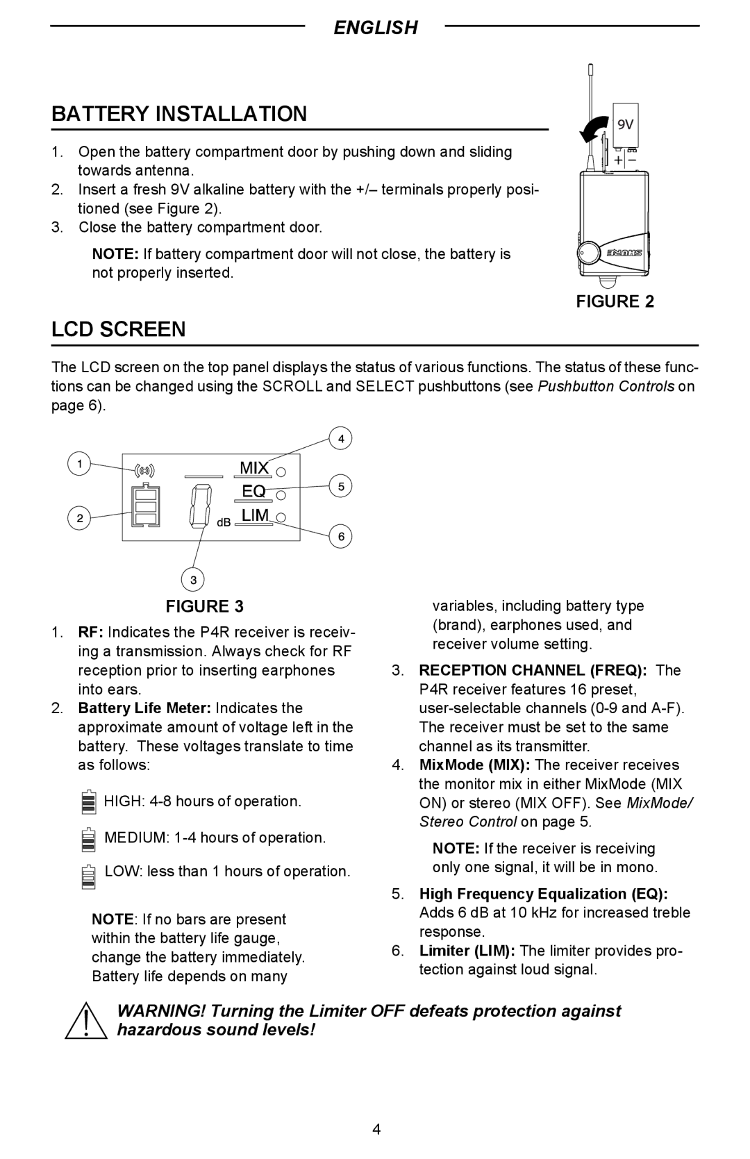 Shure P4R manual Battery Installation, LCD Screen 