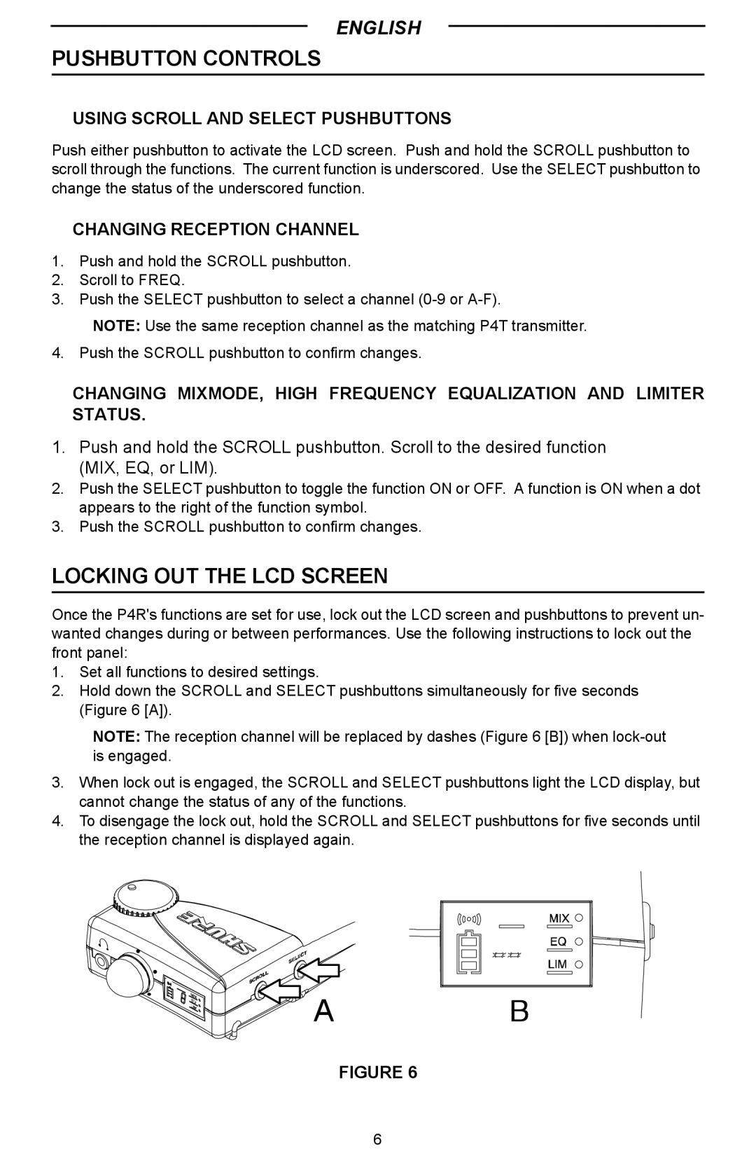 Shure P4R manual Pushbutton Controls, Locking OUT the LCD Screen 