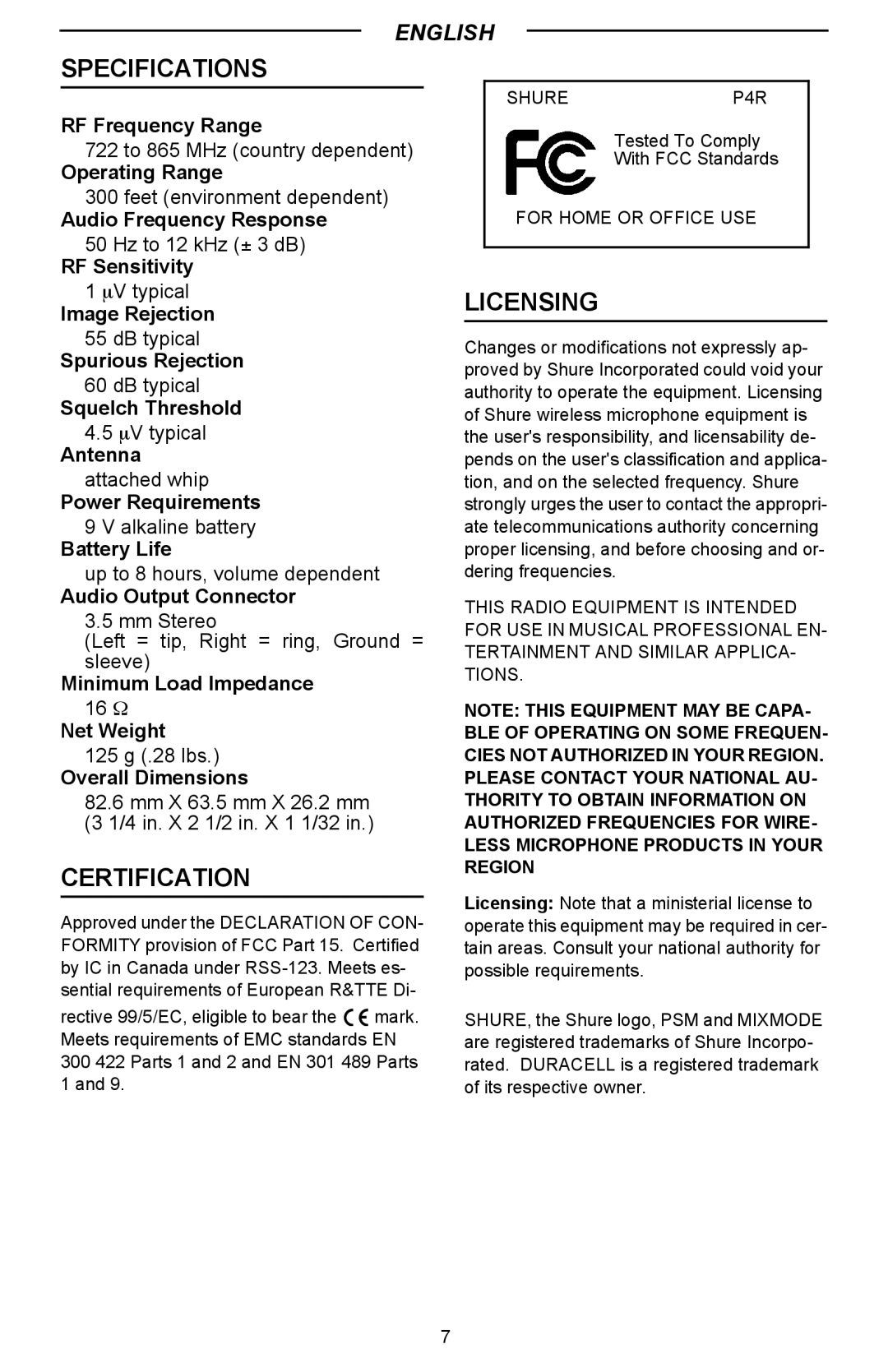 Shure P4R manual Specifications, Certification, Licensing 