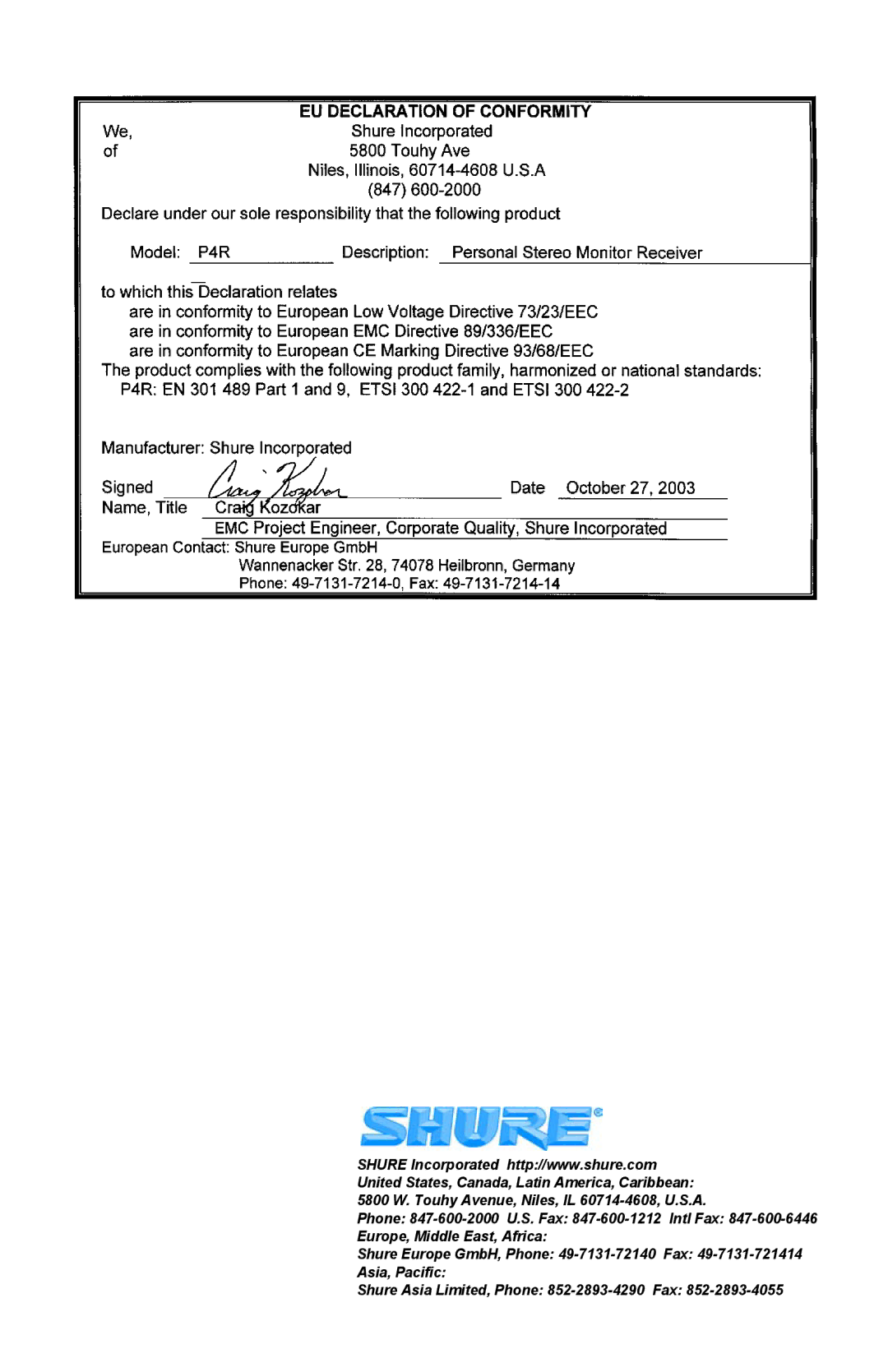 Shure P4R manual 