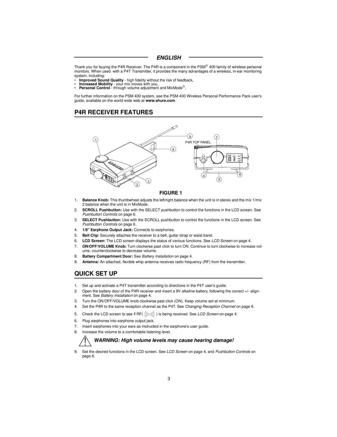 Shure manual P4R Receiver Features, Quick SET UP 