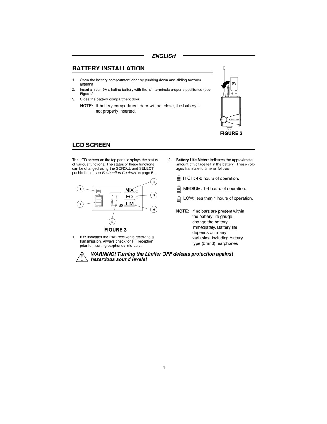 Shure P4R manual Battery Installation, LCD Screen 